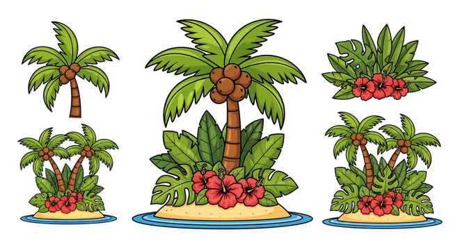 Tropical palm trees with red flowers.