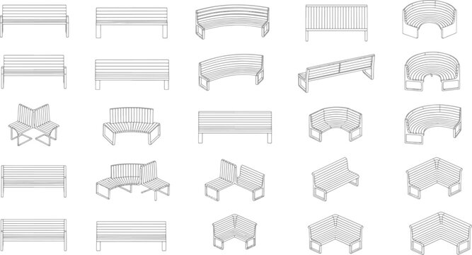 Collection of park bench vector line art icons featuring straight curved and circular outdoor seating designs for urban planning and landscape architecture
