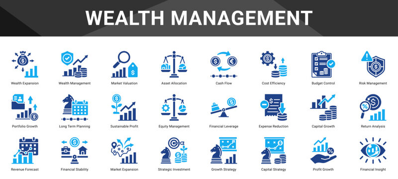 WEALTH MANAGEMENT  Icon set collection. Vector icon pack featuring thematic icons for your presentations or business.