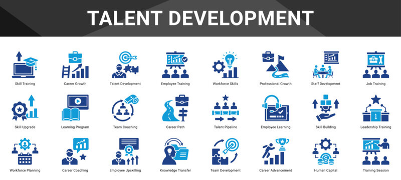TALENT DEVELOPMENT  Icon set collection. Vector icon pack featuring thematic icons for your presentations or business.
