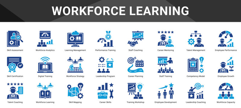 WORKFORCE LEARNING  Icon set collection. Vector icon pack featuring thematic icons for your presentations or business.