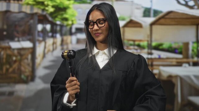 Woman judge holding gavel with firm grip in a busy street market, wearing black robe and glasses while studying the mallet; authority duty.