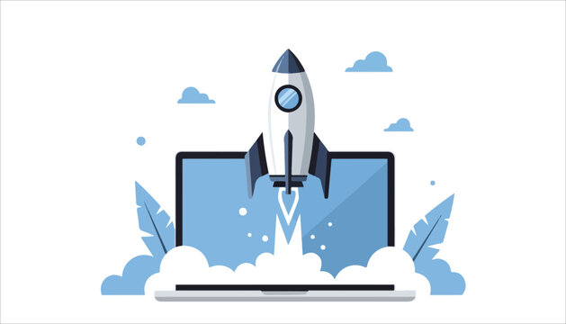 A stylized illustration of a rocket launching from a laptop screen amidst clouds and leaves.