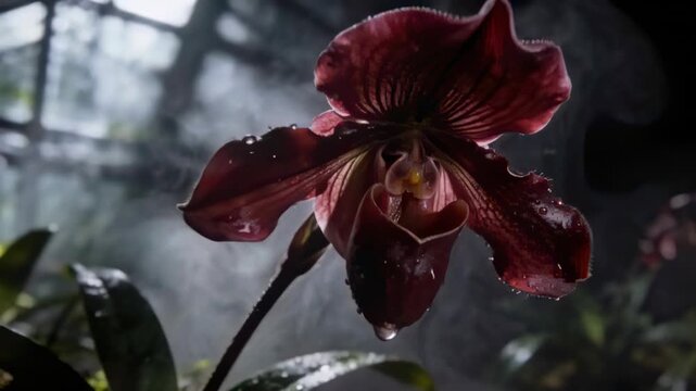 Capturing dark slipper orchid forming narrowing detaching droplet off labellum in misted greenhouse