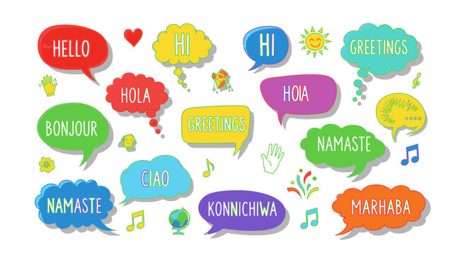 Colorful multilingual hello greetings in stylized hand drawn speech bubbles