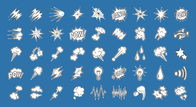 Comic book effect icons set with speech bubbles and explosions