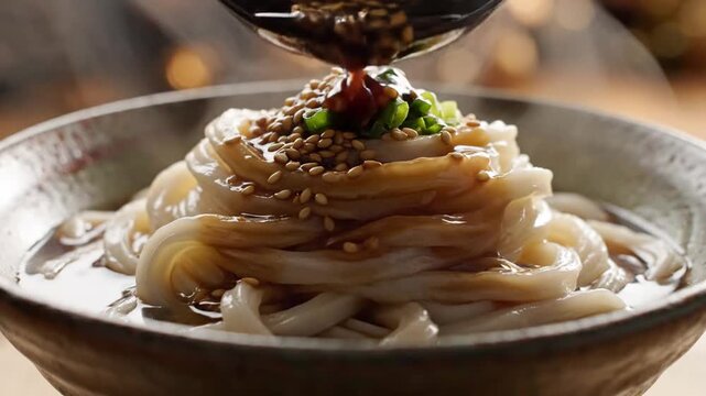 Steaming Noodles Being Topped with Sauce and Garnish in Ceramic Bowl