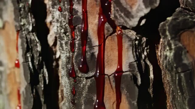 Flowing tree bark section sending glossy red-brown resin down fissures, gravity pulling beads