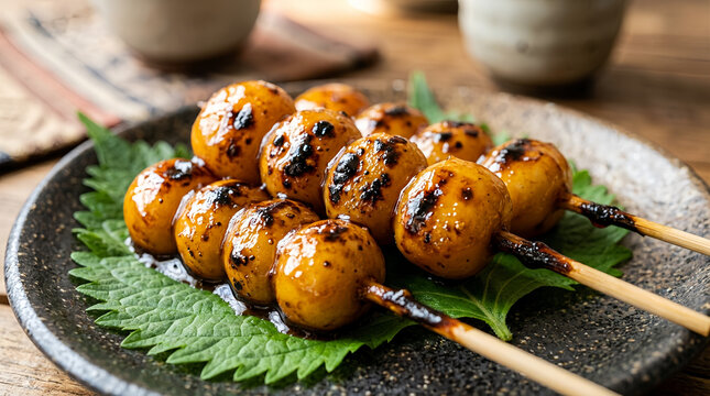 Grilled mitarashi dango mochi skewers with sweet soy glaze served on green shiso leaves over rustic ceramic plate.