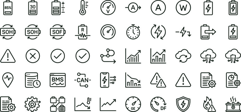 Battery health monitoring icon set with BMS diagnostics power analytics line vector icons for web apps dashboards UI