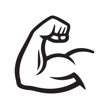 Black Muscular Arm Flex Silhouette Icon on White Background