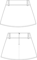 Women's A-line mini skirt technical flat sketch with belt loops and back zipper, front and back view. © sin
