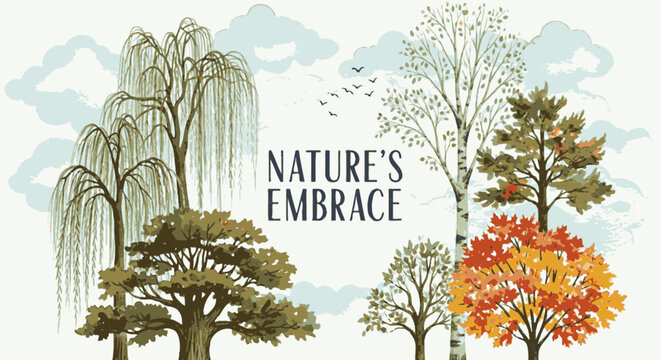 Diverse forest trees with Natures Embrace text and birds
