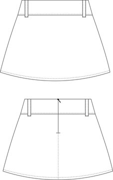 Women's A-line mini skirt technical flat sketch with belt loops and back zipper, front and back view.