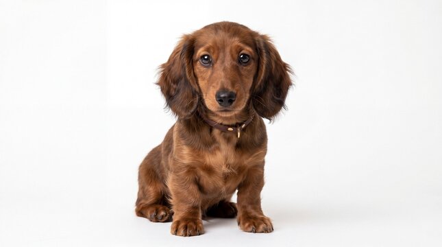Cute long haired dachshund puppy sitting