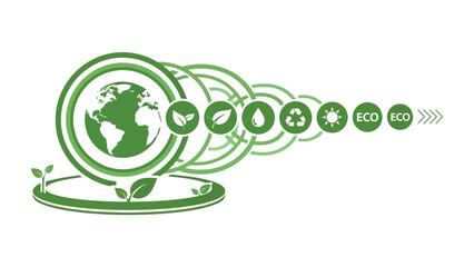 Eco-Friendly Design: A visually striking illustration of sustainable living, featuring the globe embraced by concentric circles, symbolic leaves, droplets, and the recycling logo. © Maira