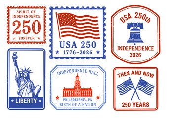 Naklejka premium USA independence 250th anniversary grunge rubber stamps collection, celebrating 1776-2026 with patriotic symbols