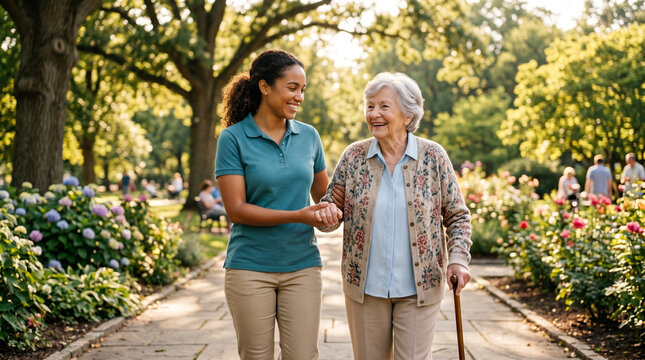 Young caregiver assisting elderly woman while walking in park  