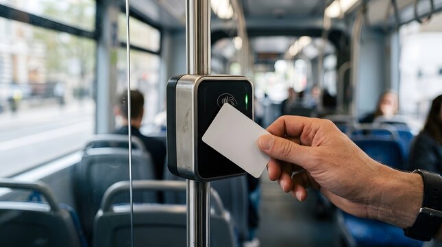 Person tapping contactless payment card on bus ticket validator for fare collection, inside public transport vehicle, with passengers blurred in background