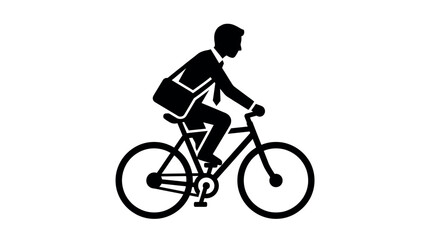 Fototapeta premium A black silhouette of a businessman riding a bicycle with a messenger bag, depicting urban commuting.