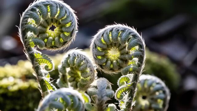 Warm backlighting coaxing cluster of fern fronds unfolding on mossy forest floor, hairs glowing