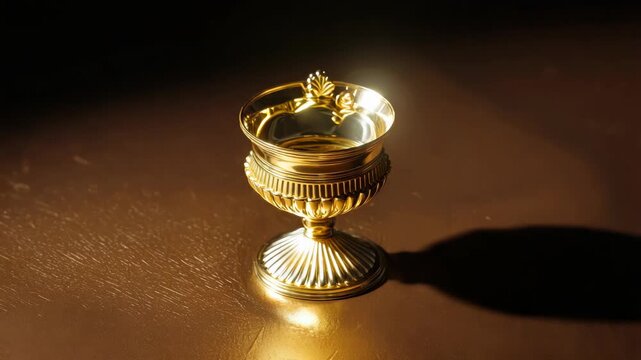 Gilded goblet sitting on tabletop under ambient lighting.