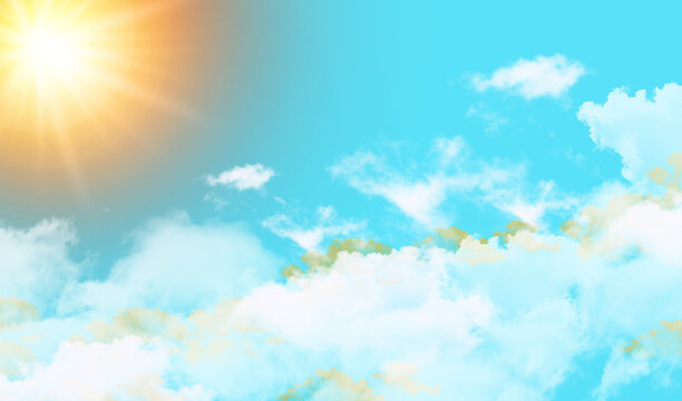 Bright sun shining in a clear blue sky with fluffy clouds