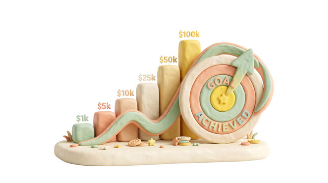 Pastel Financial Growth Chart Reaching Goal Achieved Target on Transparent Background