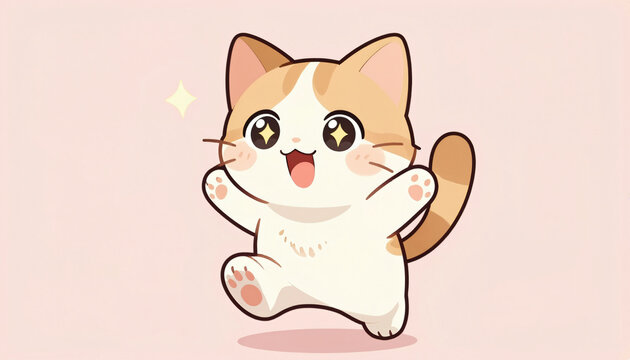 Niedliche Comic-Katze springt vor rosa Hintergrund