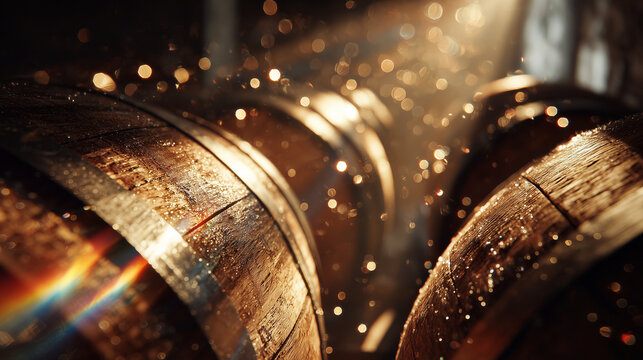 Oak wine barrels in modern winery cellar under warm sunset light highlighting wood texture and traditional aging process	