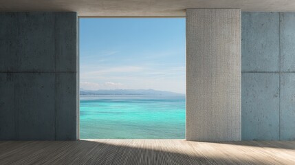 Fototapeta premium Bright Turquoise Ocean View Through Modern Concrete Frame, Serene Coastal Vista.