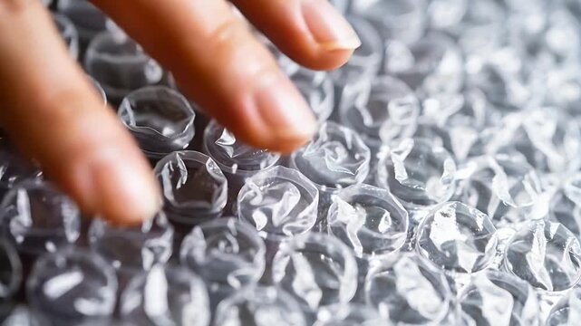 Hovering then pressing fingertips sliding across clear bubble wrap on table, testing texture