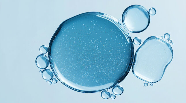 Blue liquid bubbles with tiny particles