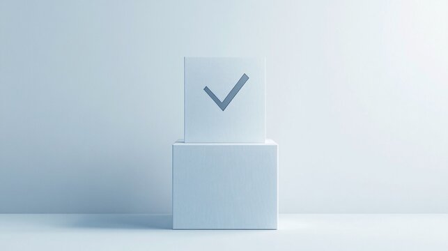 Minimalist white cube stack with a checkmark symbol on top representing approval or selection in a clean modern setting suitable for digital interfaces or decision-making concepts.