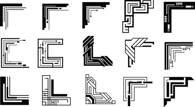Tech Circuit Corner Frame Set &ndash; Futuristic Digital Border, Microchip Line Art and UI Design Vector Pack, Futuristic Tech Border Pack &ndash; Circuit Corners, Digital Lines and Cyber UI Frame Vector Set