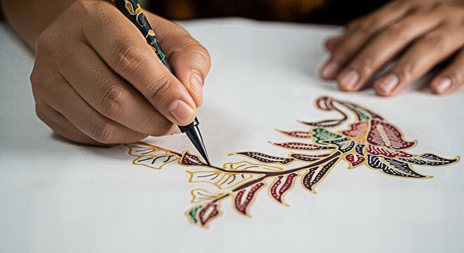 Close-up of a person's hands meticulously drawing an intricate traditional batik pattern with a specialized pen on white fabric, showcasing detailed craftsmanship.