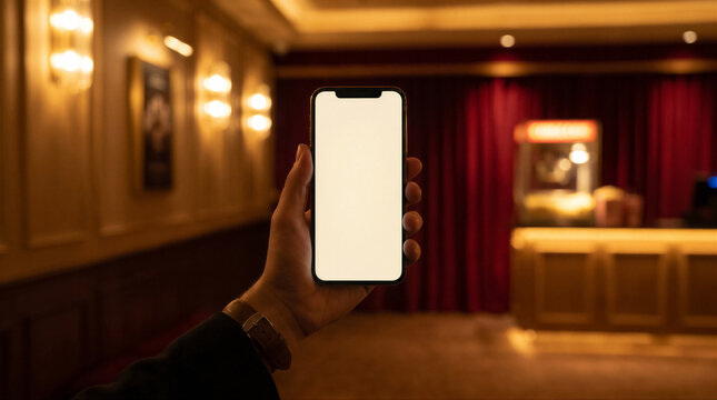 Closeup of a hand holding a smartphone with a blank white screen in a dimly lit, elegant cinema lobby with red curtains and warm lighting