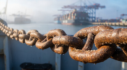 Naklejka premium Closeup of a heavy, rusted anchor chain on a ships deck with a blurred industrial port and cargo ship in the background
