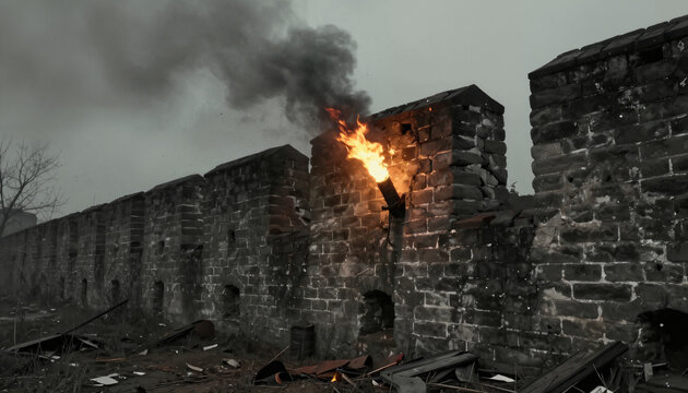 Mittelalterliche Stadtmauer unter Belagerung mit brennenden Fackeln, Feuer und Rauch bei D&auml;mmerung