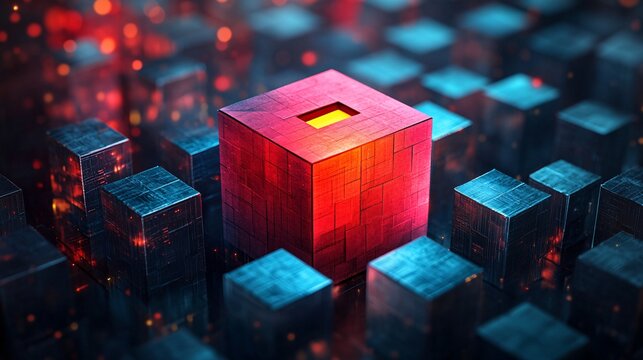 A glowing red cube stands out among dark blue digital blocks in a futuristic data grid representing artificial intelligence innovation with a central illuminated slot suggesting processing or.