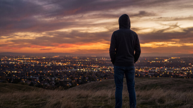 A person in a hoodie standing on a hill overlooking a city at sunset, contemplating the view with a dramatic and moody atmosphere