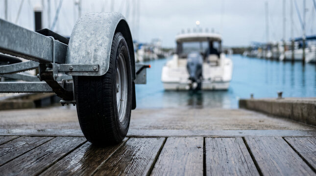 Boat trailer wheel on a wooden ramp at a marina with a boat in the water in the background