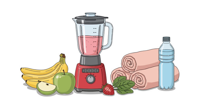 Fitness blender, healthy smoothie ingredients, workout accessories, fruit and water bottle