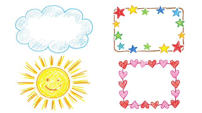 Colorful Chalk Doodle Sun Cloud and Decorative Frames on Transparent Background