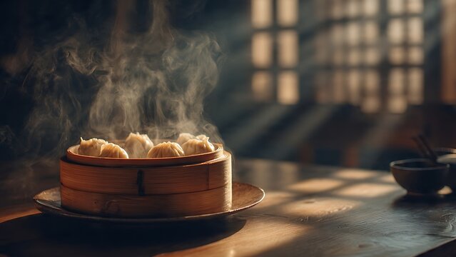 Steamed Dumplings in Dim Sum Basket.