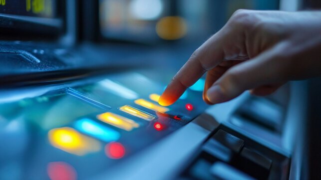 A close-up of a hand pressing buttons on a futuristic voting machine with glowing illuminated controls and digital displays in a dimly lit environment emphasizing modern democratic technology.