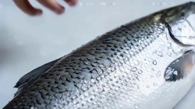 Pressing finger, hand prying scales on whole scaled fish at counter for cooking, drops visible
