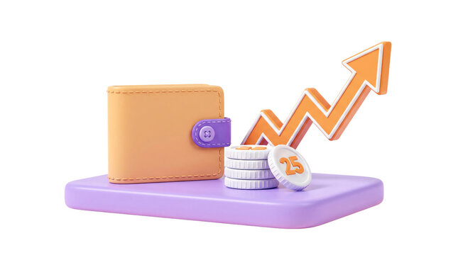 Colorful Digital Wallet with Rising Arrow and Coin Stack on Purple Platform
