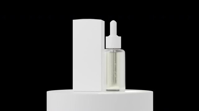 Serum dropper glass bottle and paper box mockup, 360&deg; rotating shot of beauty product packaging, no background, transparent alpha channel, 4K skincare packaging render