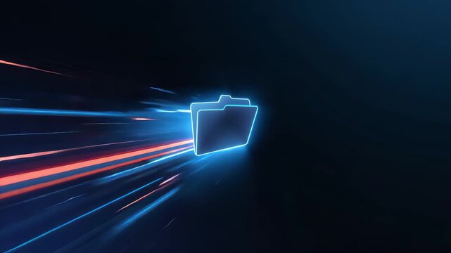 Glowing blue folder icon with red blue light trails speeding through dark digital space representing fast data transfer